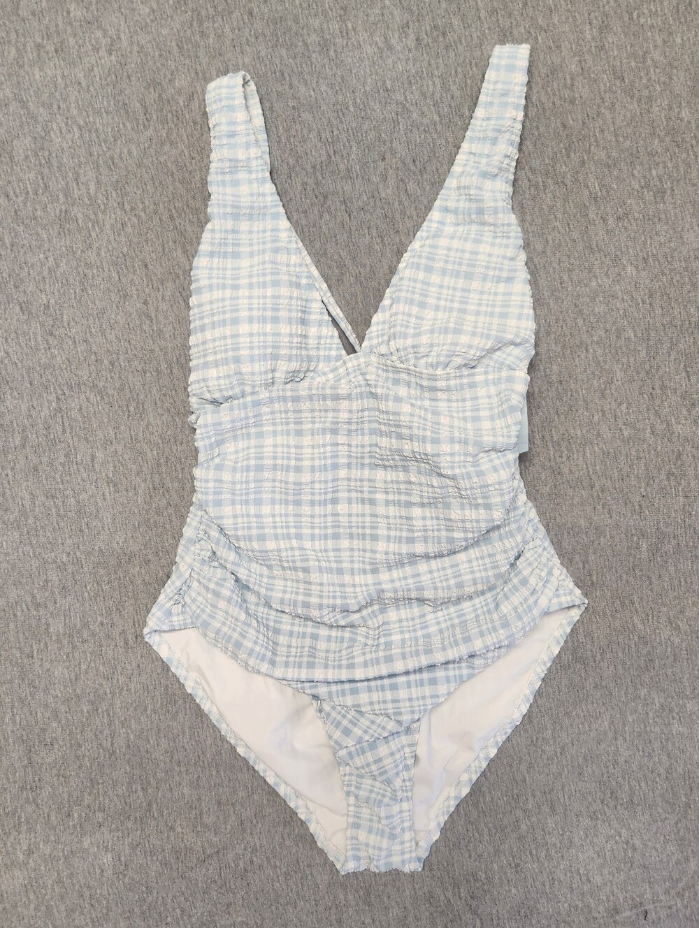 Shade & Shore Women’s Gingham Pucker Plunge One‑Piece Swimsuit – Blue (Size L)